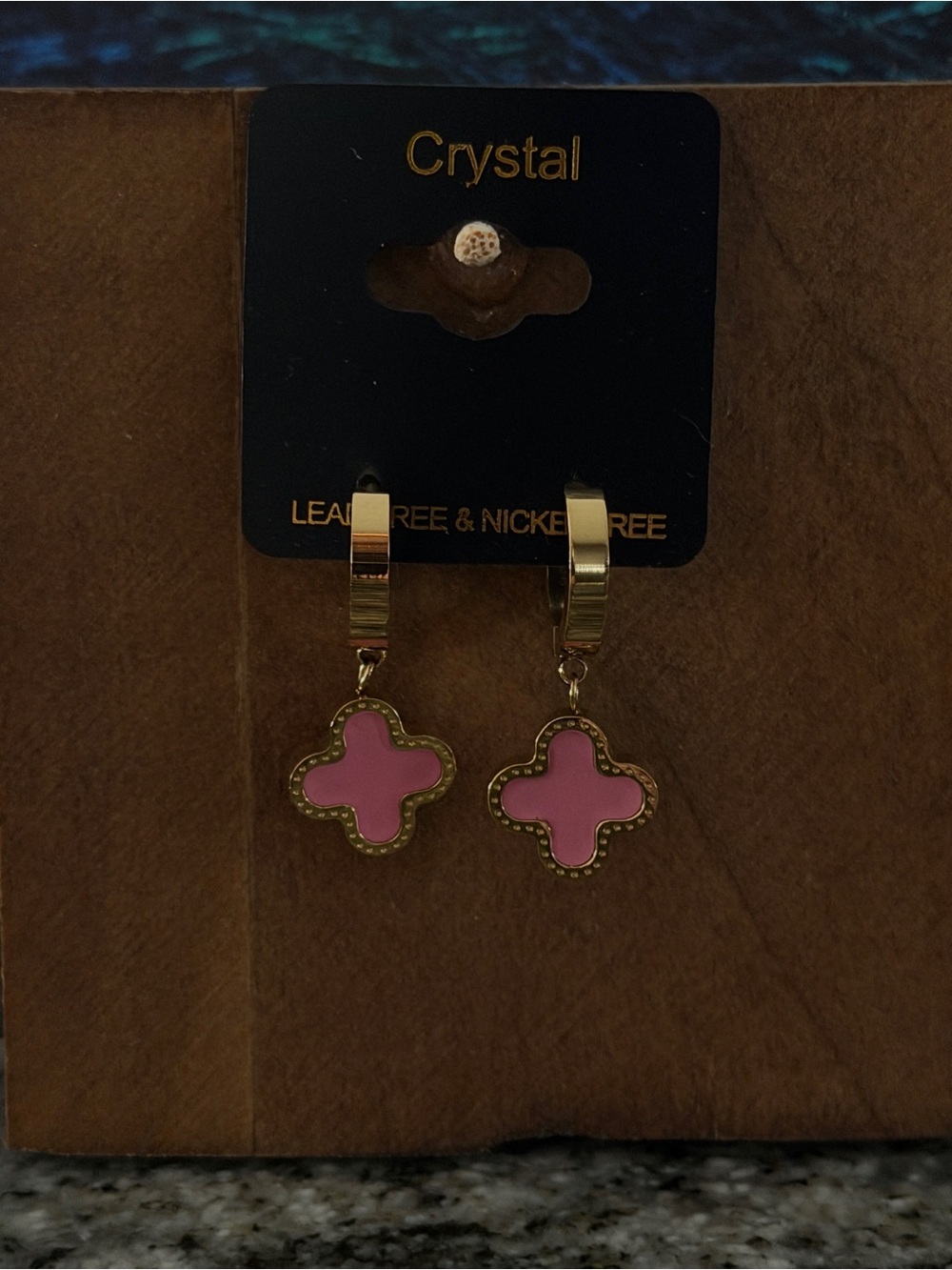 Pink Four Leaf Clover huggie snap Hoop Earrings - Gold Tone Motif